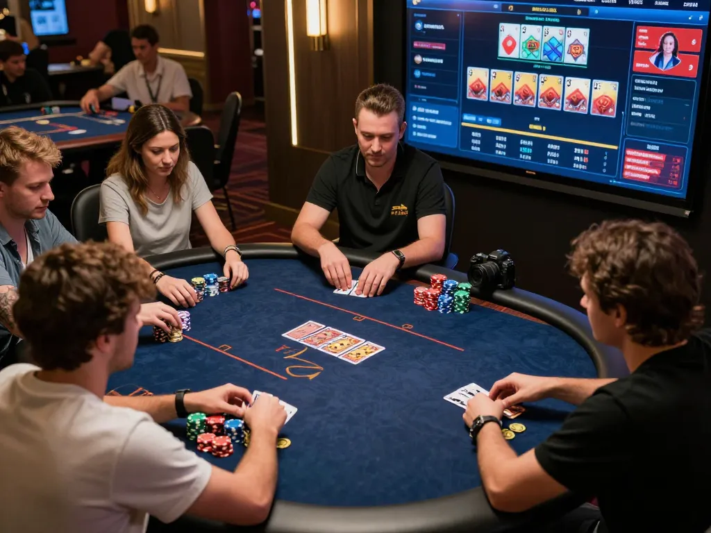A player engages in a lively online poker game at mm88pc, surrounded by colorful chips and virtual dealer interactions.