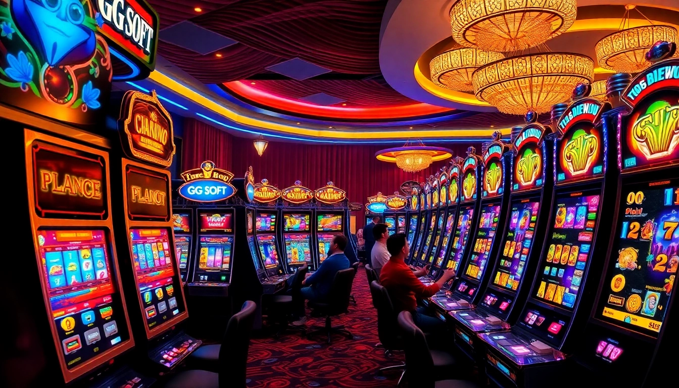 Players enjoying jamu slot machines in a vibrant casino setting with neon lights.