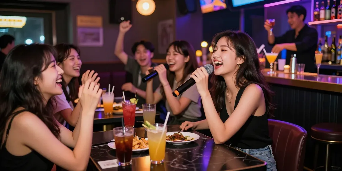 노래방밤알바에서 즐겁게 노래하는 여성과 활기찬 분위기