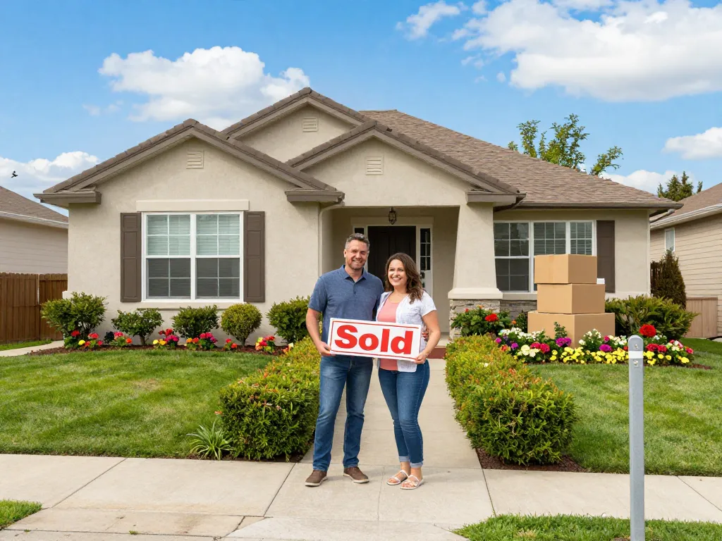 Smiling couple celebrating selling their house fast for cash in front of their new home.