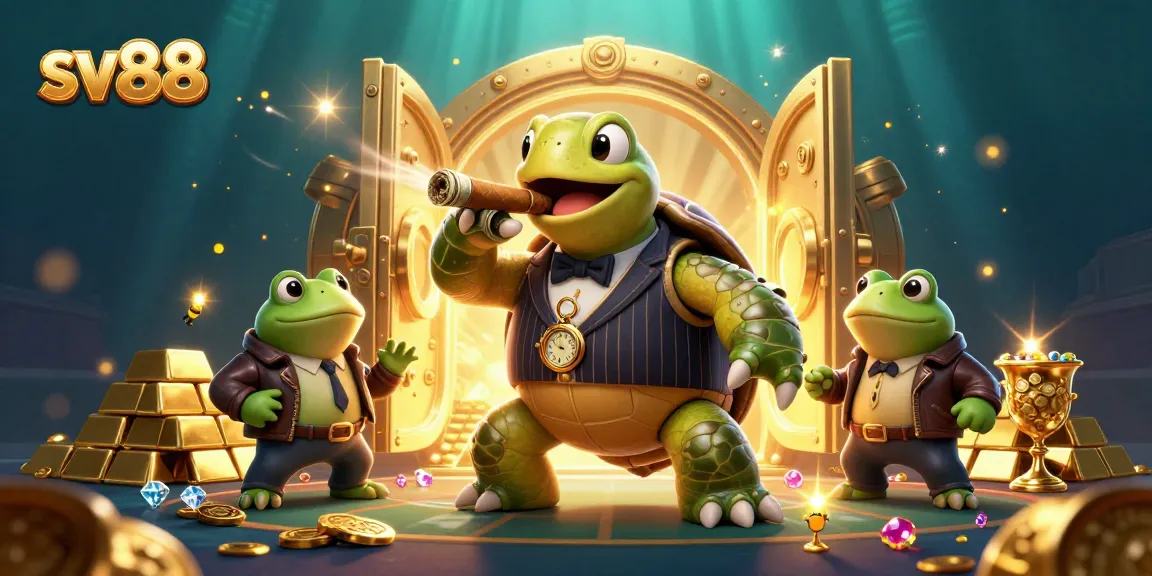 Experience sv88's vibrant casino scene with a mobster turtle and frog enforcers amidst treasure!