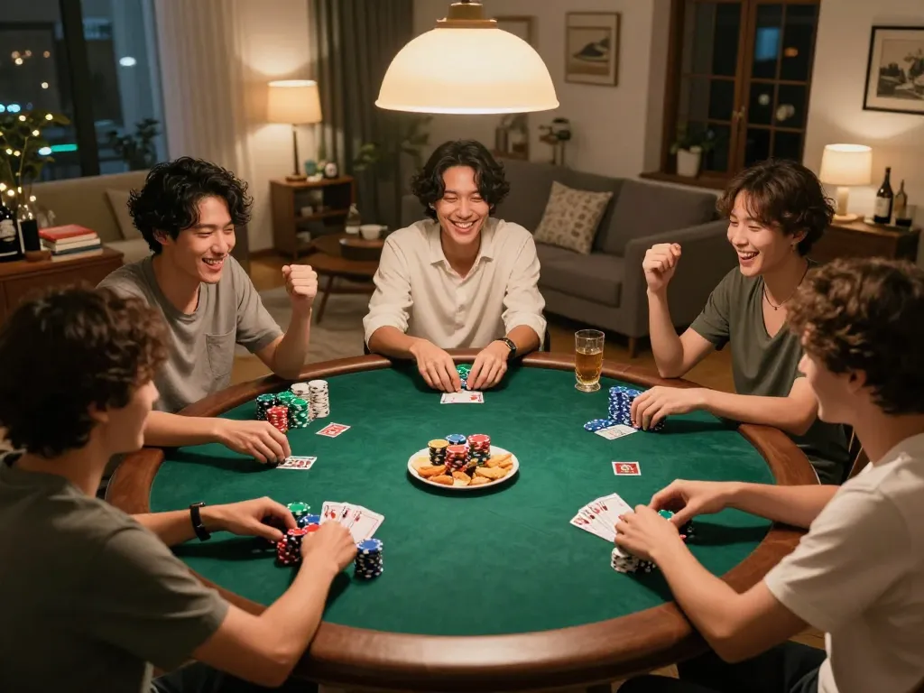 Lô đề online players enjoying a home poker night with friends, engaging in friendly competition.