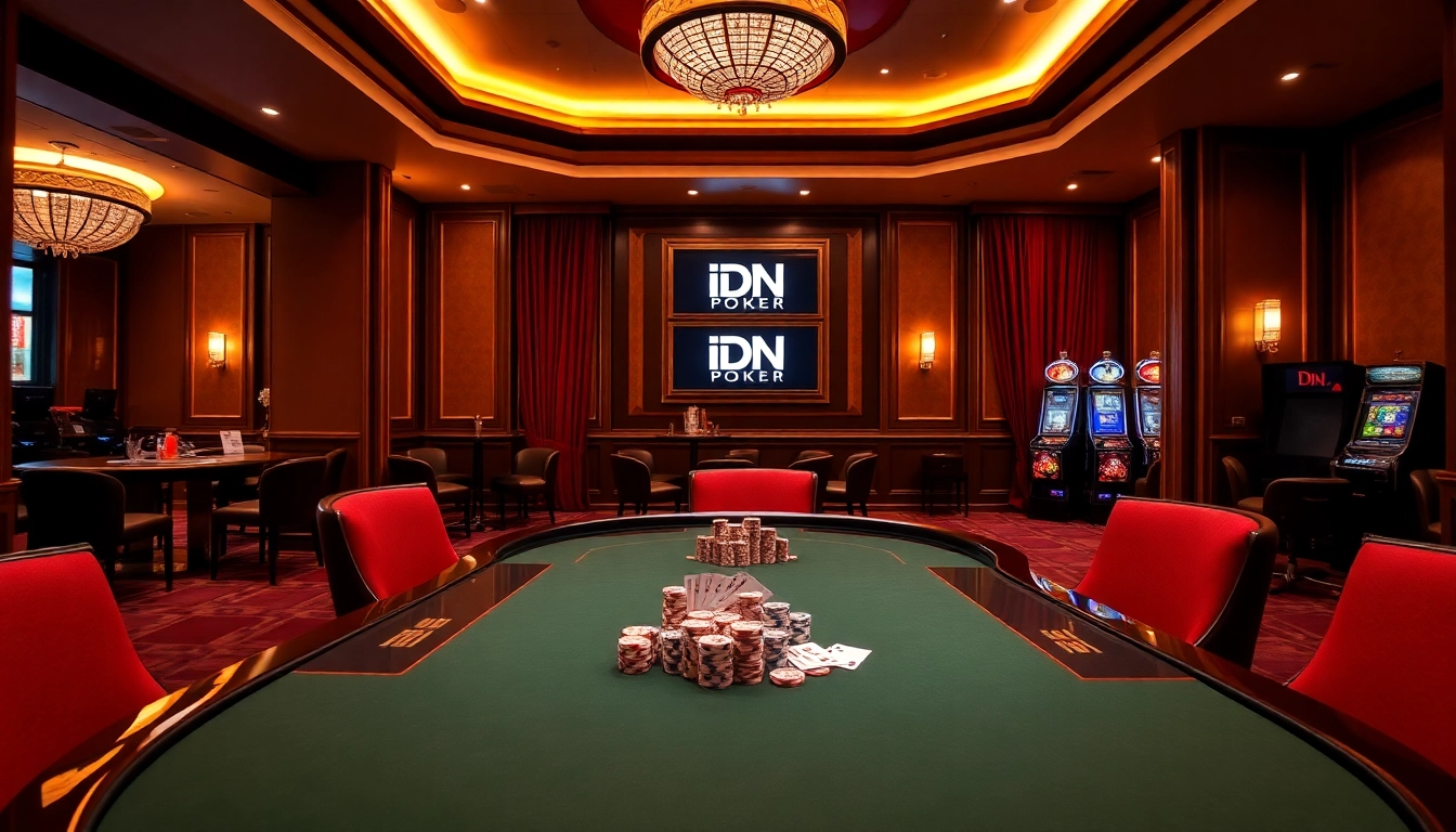 Experience the thrill of idn poker at an upscale casino poker table with rich decor.