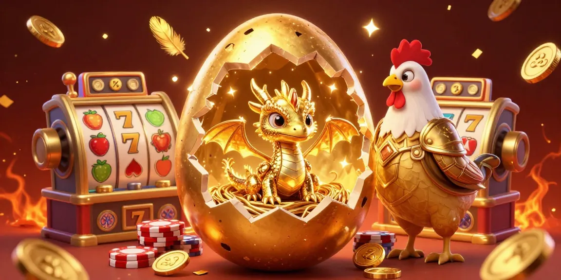 Slot uang sungguhan menampilkan naga emas dari telur, simbol slot, dan koin berkilauan.