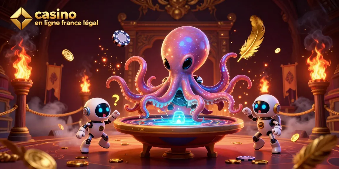 Illustration dynamique d'un casino en ligne légal en France avec un poulpe extraterrestre jouant au poker.
