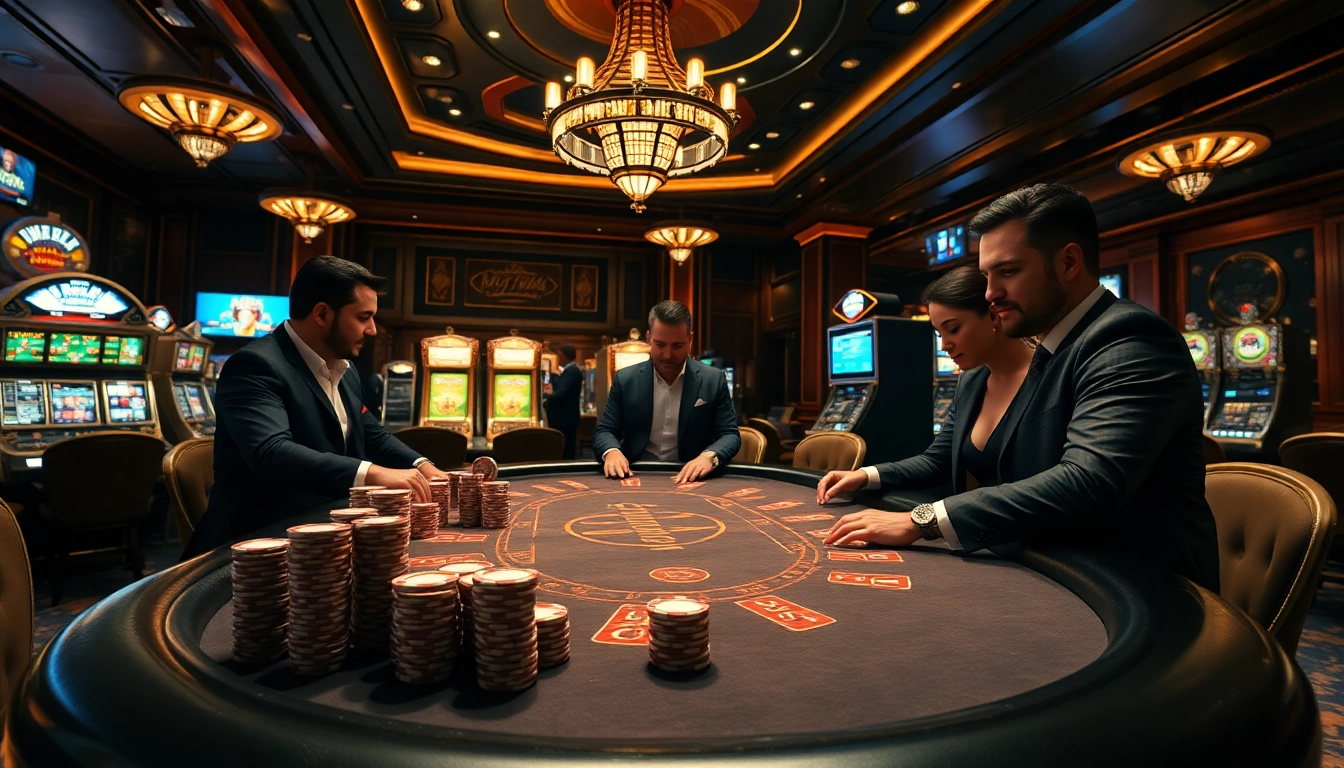 Adegan poker taruhan tinggi yang menarik menampilkan Kit 4D, pemain elegan, dan mesin slot yang terang benderang.