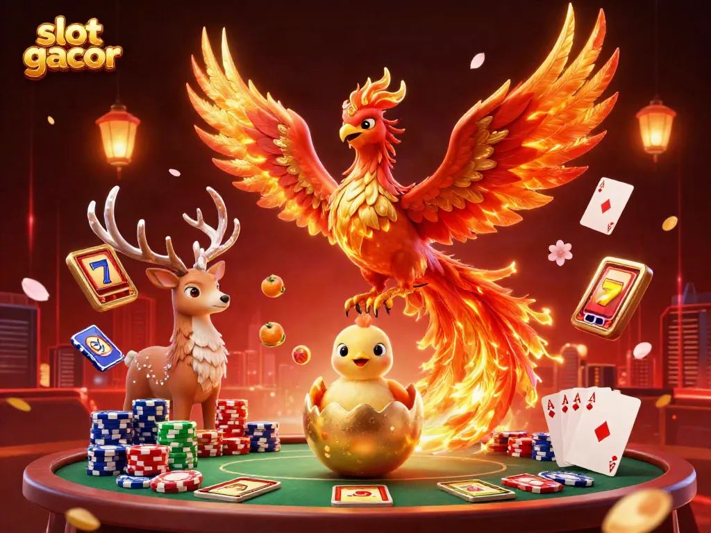 Bermain slot gacor dengan suasana kasino yang kaya detail dan harmoni warna, phoenix terbang, dan jackpot yang menanti.