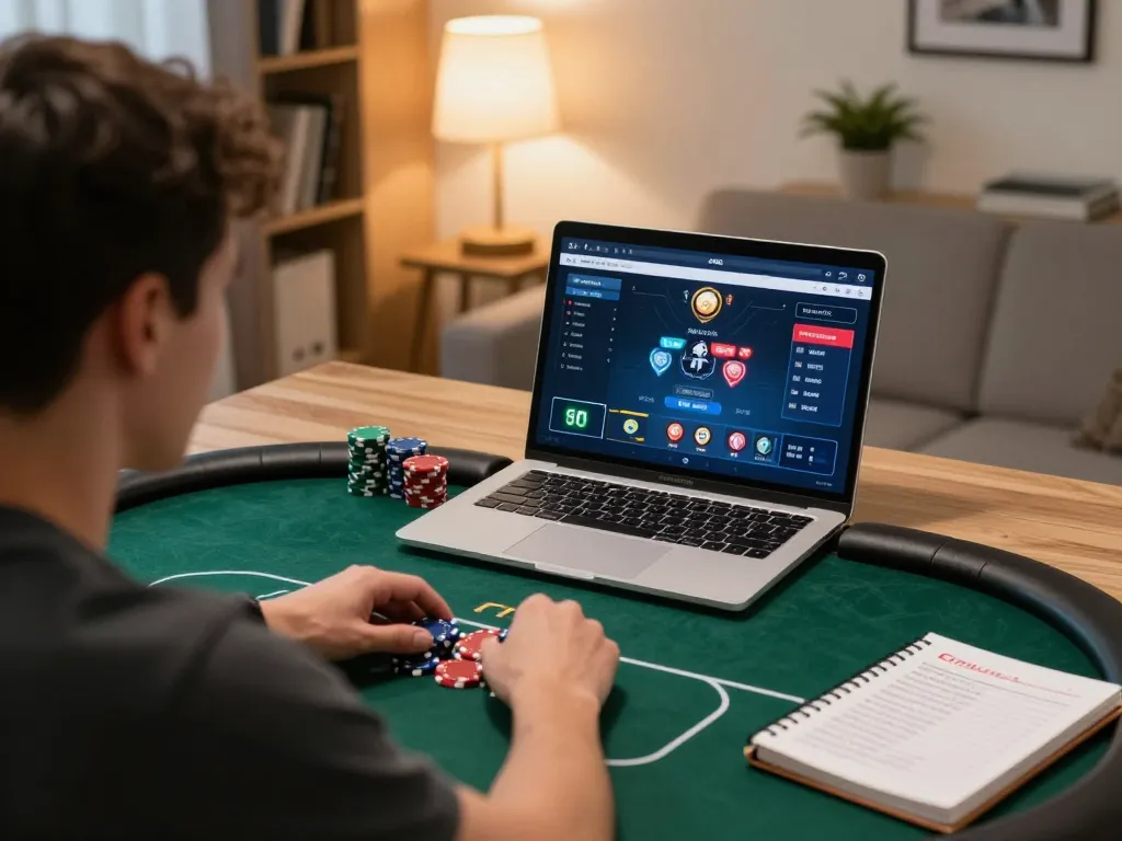 Player engaging in a strategic online poker game on their laptop with vipwin platform, showcasing competitive gameplay.