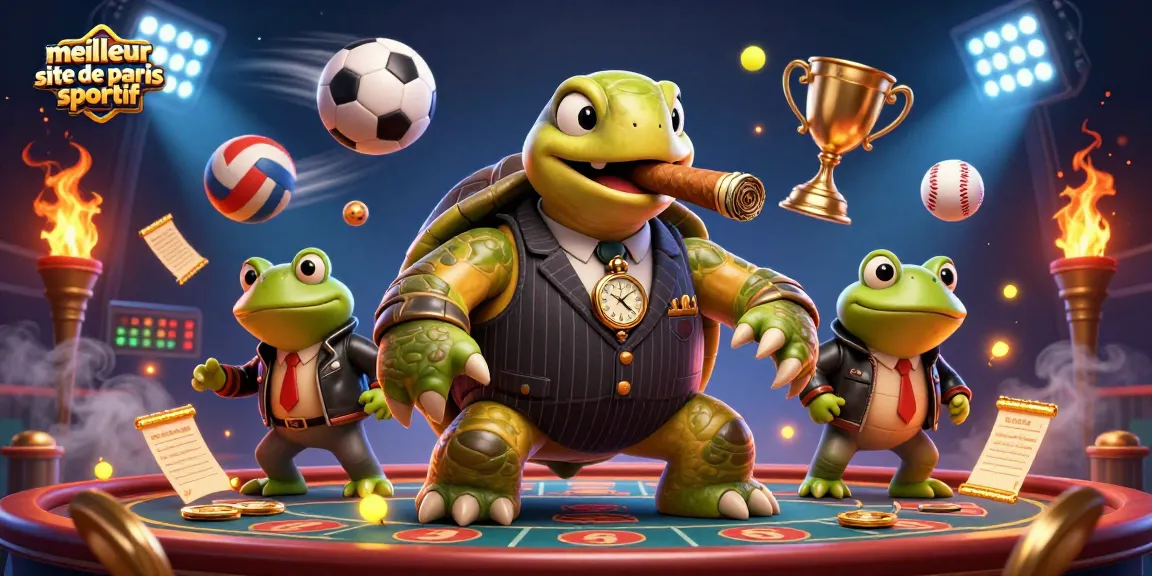 Une scène dynamique illustrant le meilleur site de paris sportif avec une tortue massive en costume et des grenouilles encolerettées.