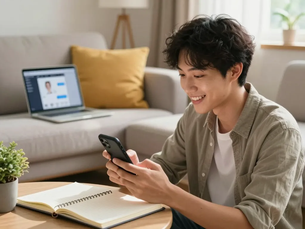 Youthfully engaging in sex chat ai on a mobile device in a cozy home environment.