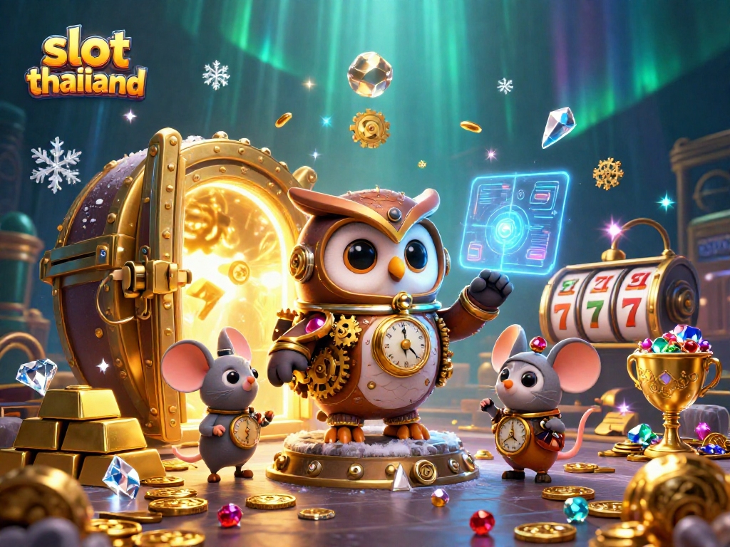Spin to win with slot thailand's vibrant 3D casino illustration featuring a time-traveler owl!