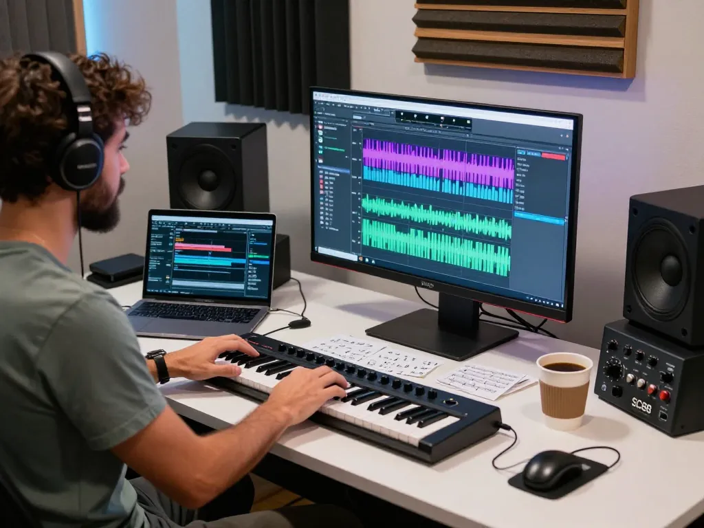Musician using SC88 sound module in a modern audio studio workspace, surrounded by creative tools.