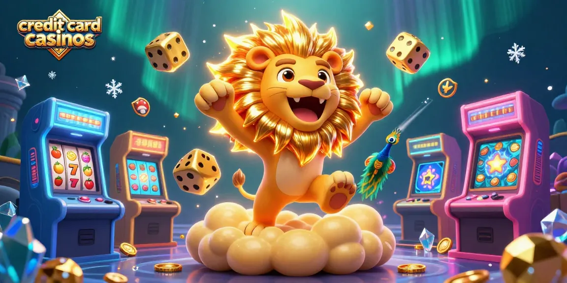 Watch the thrilling scene of credit card casinos with animated gaming elements and a roaring lion.