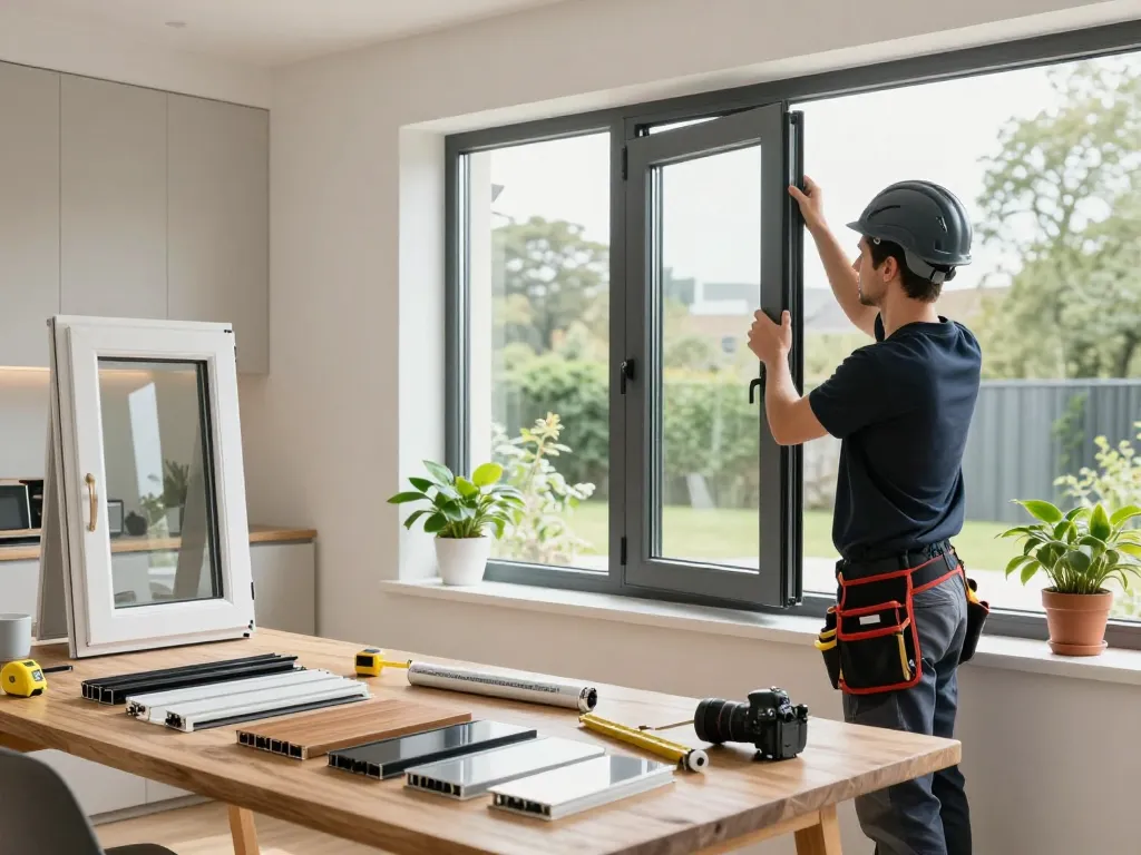 Experte Handwerker, der im Fensterbau Köln energieeffiziente Fenster in einem modernen Zuhause installiert.