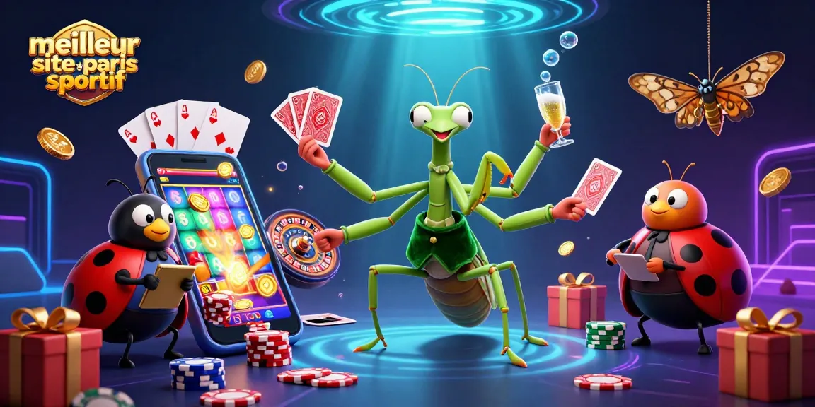 Illustration représentant le meilleur site de paris sportif avec un mante religieuse gérant des jeux et des cartes dans une scène animée