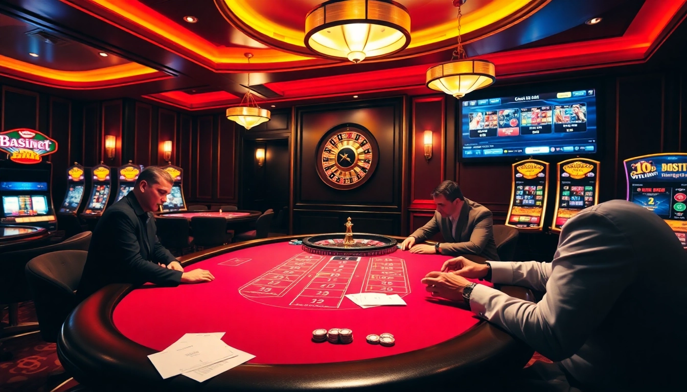 Scène de jeu passionnante dans un meilleur casino en ligne avec des joueurs de poker et une roue de roulette.