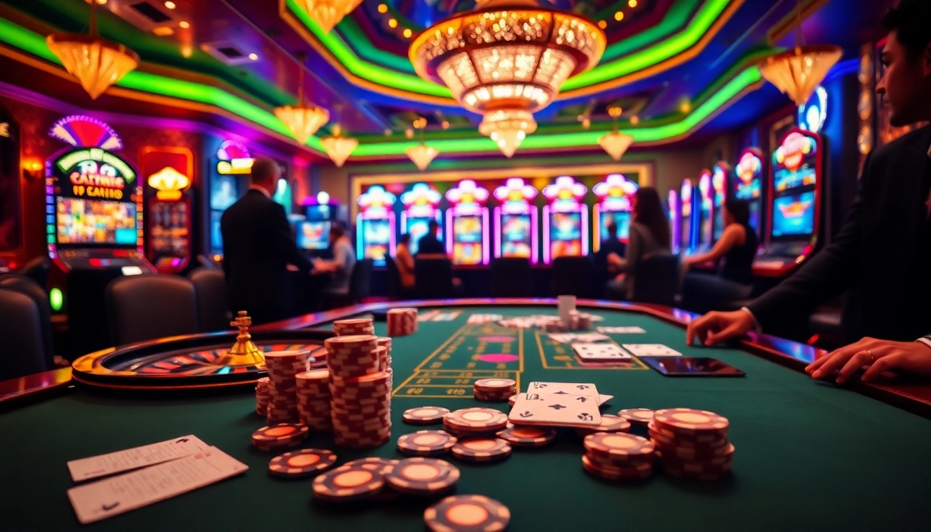 Scène excitante montrant le meilleur casino en ligne avec des joueurs à une table de poker, des éléments de jeu colorés et une atmosphère luxueuse.