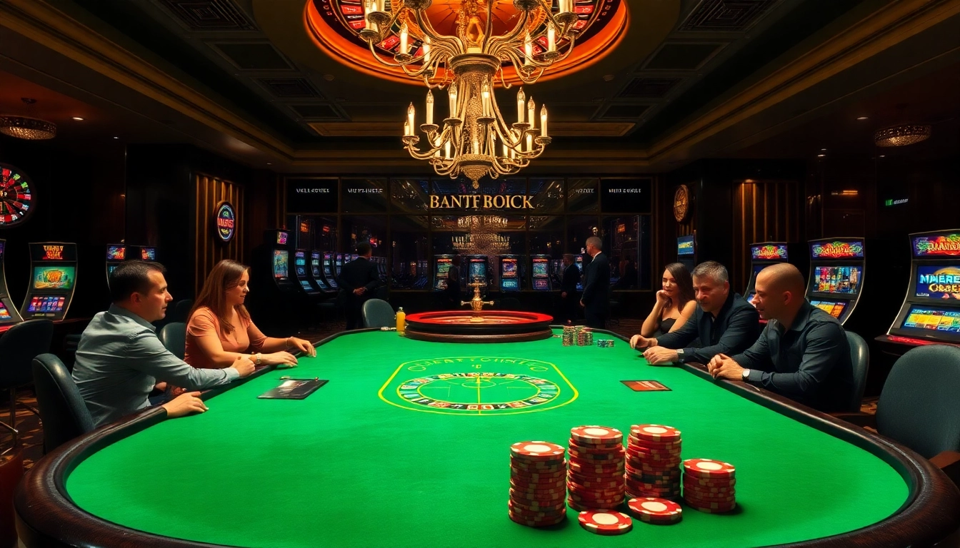 Découvrez l'excitation du meilleur casino en ligne à une table de poker élégante avec des éléments de casino vibrants.