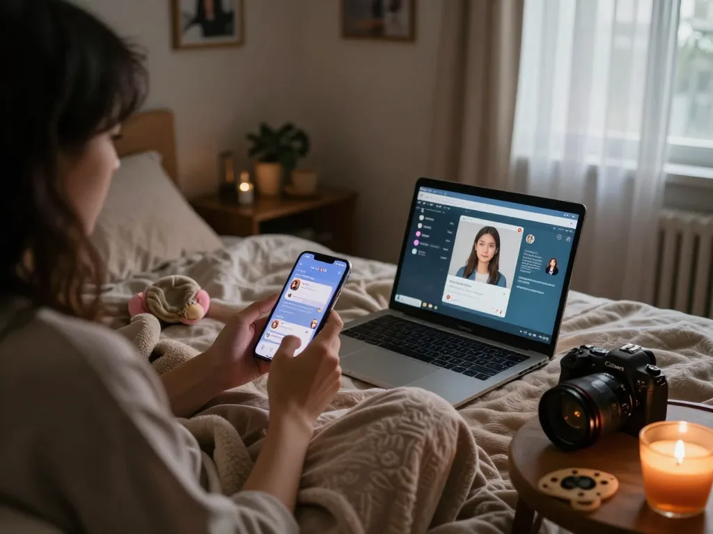 Sexting AI interaction in a cozy bedroom with a person engaging in digital conversations on a smartphone, surrounded by soft blankets.