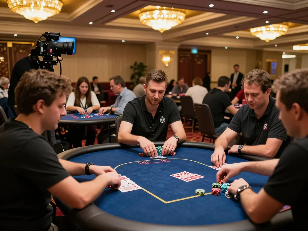 Players strategizing and placing bets at a vibrant 388bet poker tournament in an upscale casino