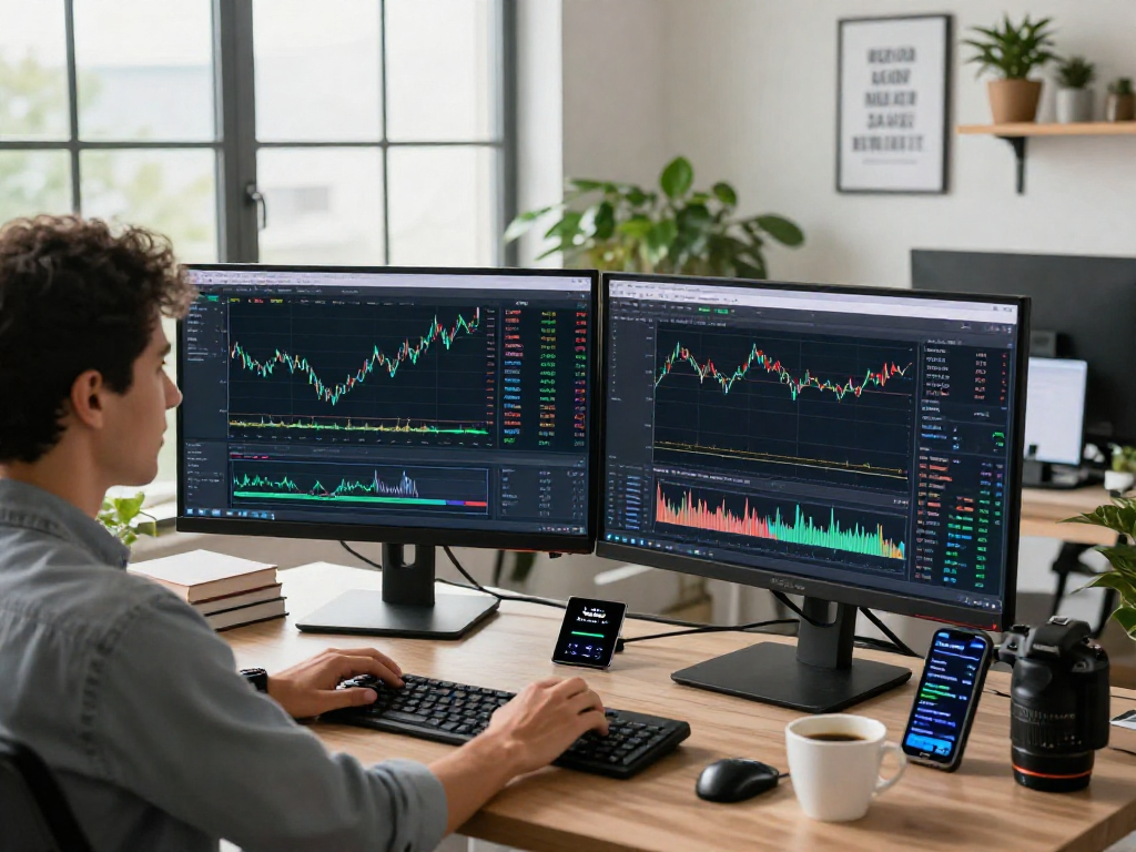 Focused trader using MetaTrader 5 on dual monitors in a modern office