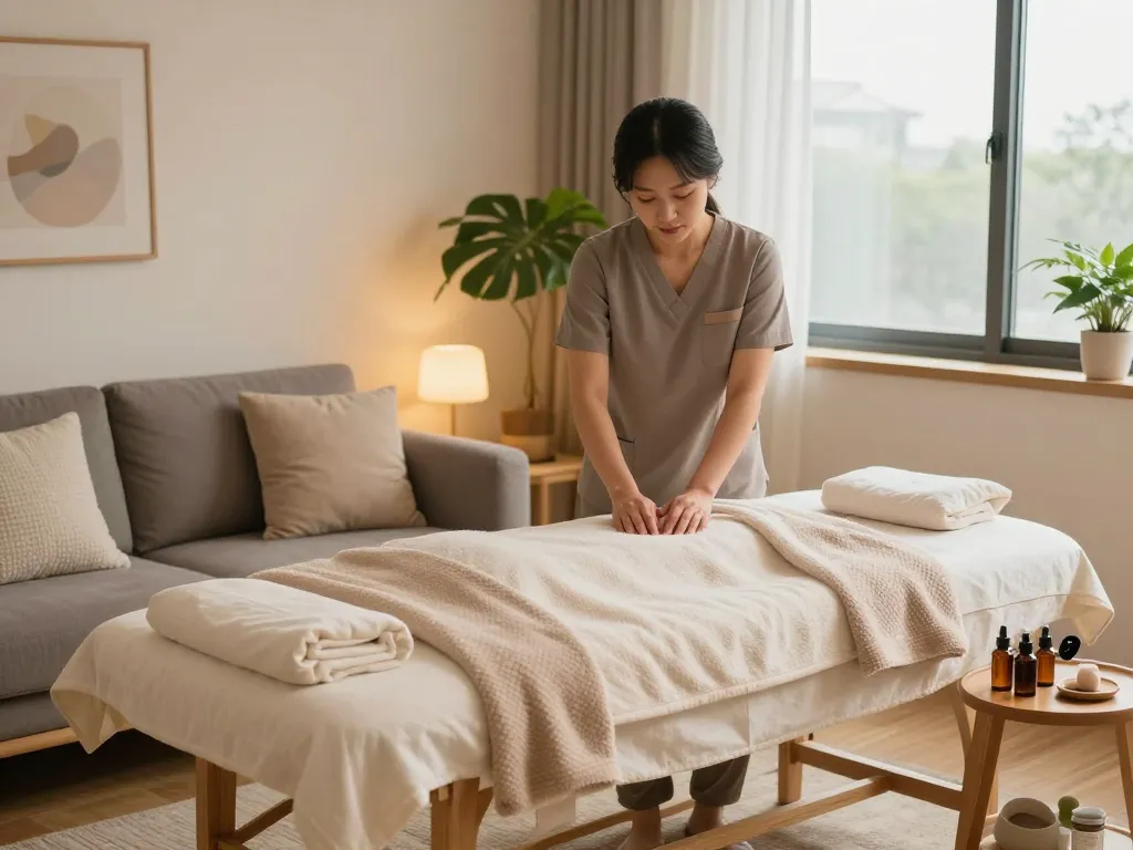 Experience a calming 부천 출장마사지 in a serene home environment, featuring a professional therapist preparing the space.