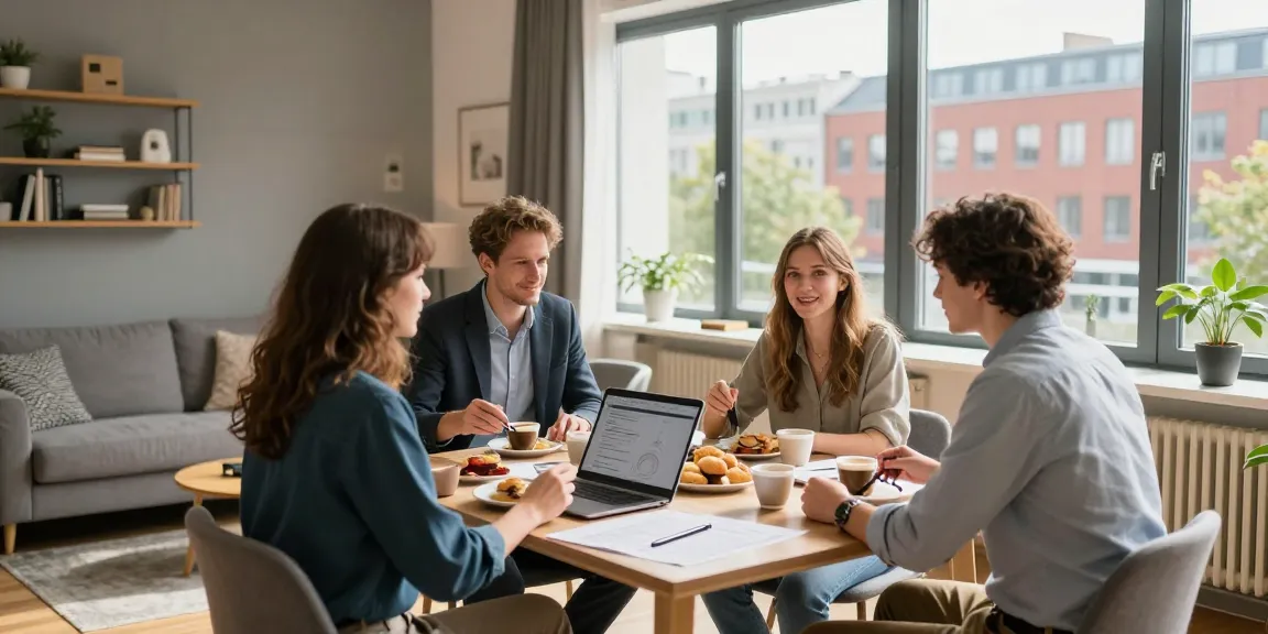 Komfortable Monteurzimmer in Hannover für Geschäftsreisende, die gemeinsam am Frühstückstisch arbeiten.