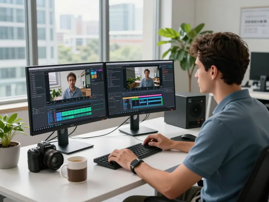 Data scientist generating video to prompt ai in a high-tech workspace with dual monitors and modern city view.
