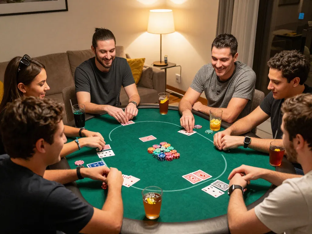 Friends enjoying poker gaming night while đăng ký dn88 on their devices in a cozy atmosphere