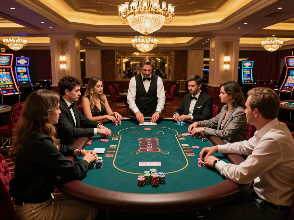 Players at a luxury casino poker table strategizing in a vibrant winstrike69 atmosphere, showcasing excitement and engagement.