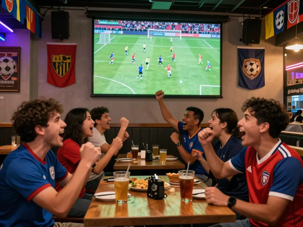Cakhia tv fans cheering passionately in a sports bar during a live soccer match.