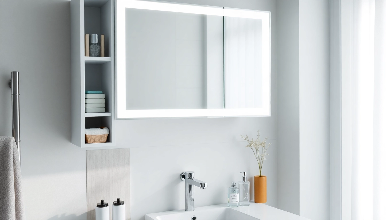Spiegelschrank mit LED Beleuchtung zeigt modernes Design und praktische Funktionalität im Bad.