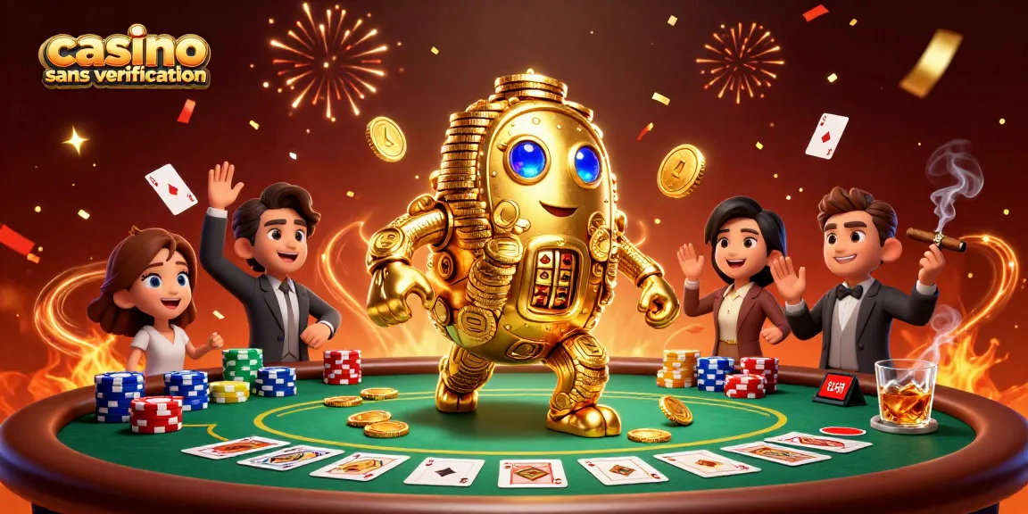 Plays casino sans vérification avec un golem doré entouré de jetons et de cartes.