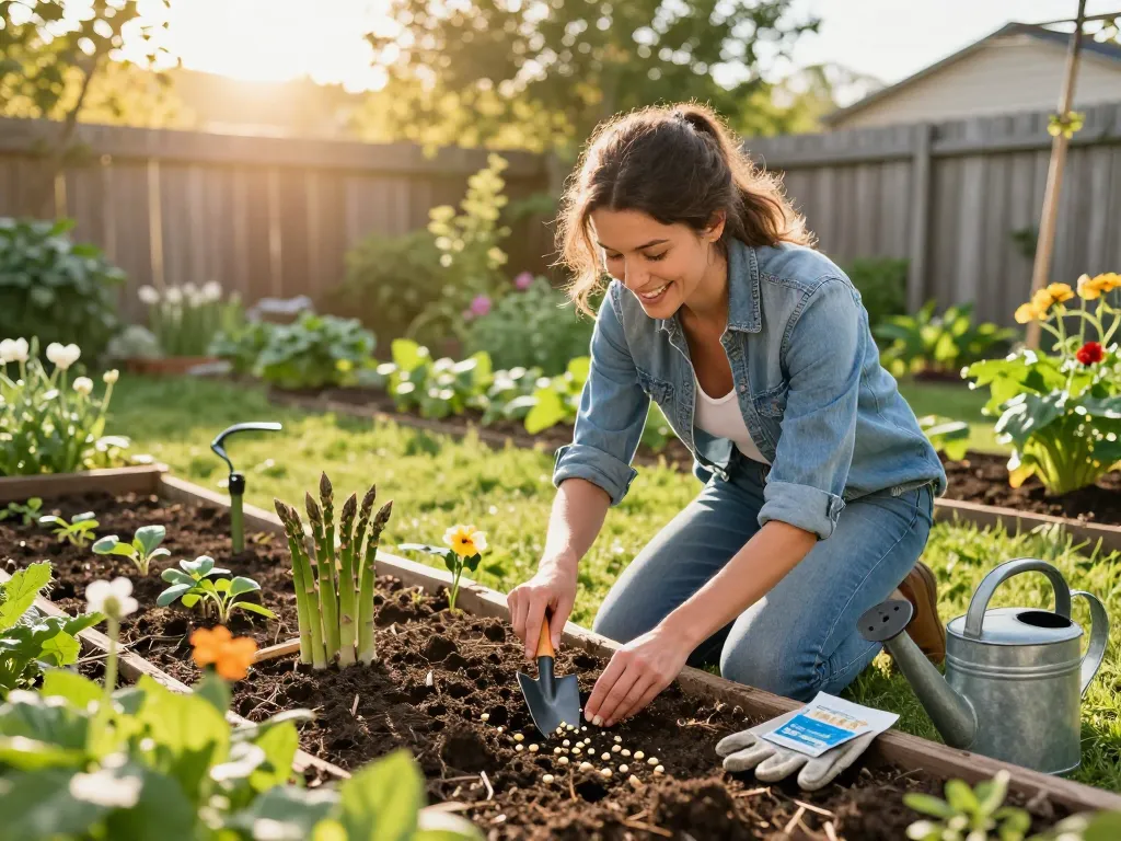 Gardener sowing green asparagus seeds in rich soil, enjoying the process of groene asperges zaaien in a vibrant home garden.