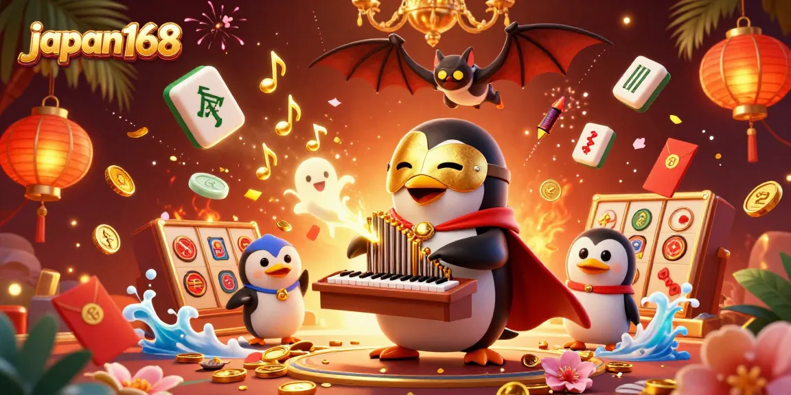 Experience the thrill of japan168 as the phantom opera penguin plays for jackpots amid vibrant casino elements.