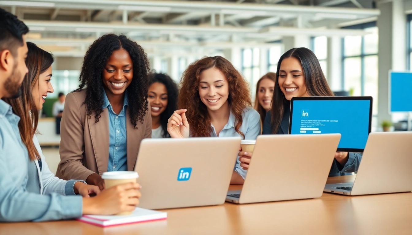 Engaged professionals discussing how to Buy LinkedIn Accounts in a vibrant office space.