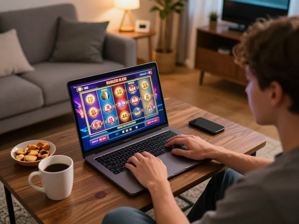 Engaging moment of online gameplay showing slot gacor hari ini on a laptop in a cozy living room.