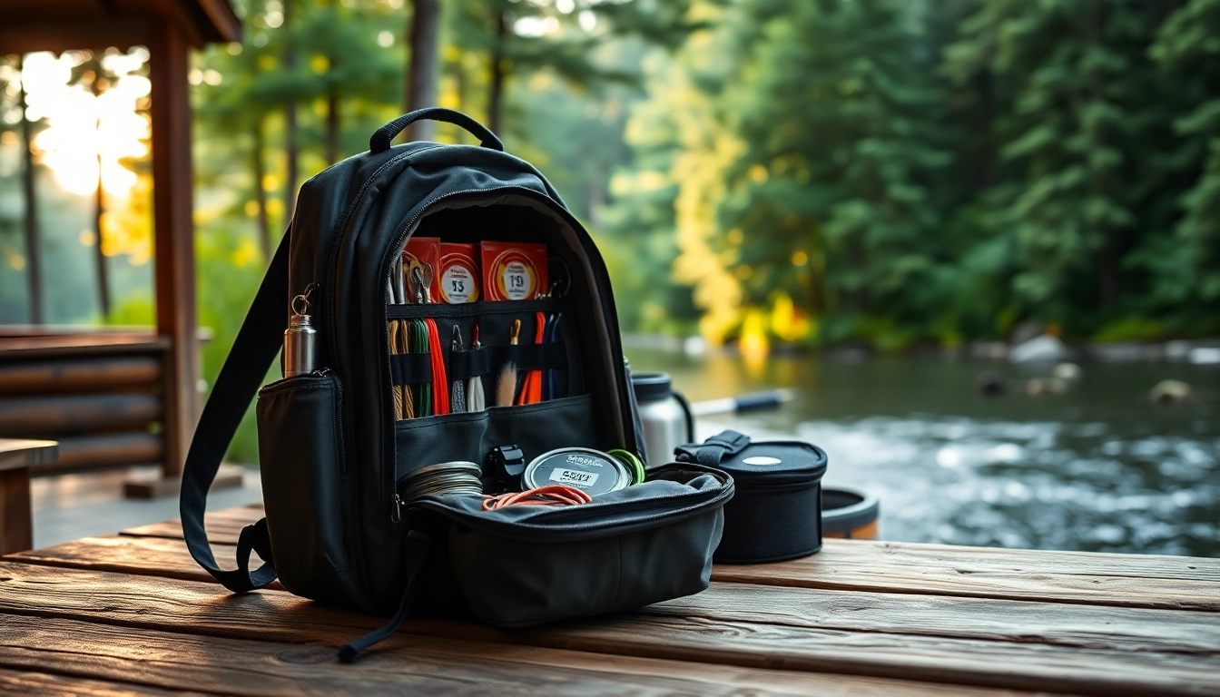 Showcasing a Fly fishing backpack filled with gear, set against a serene natural environment.