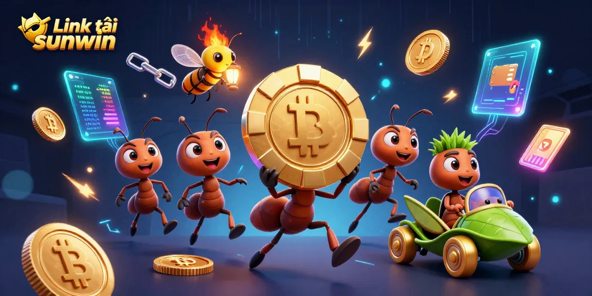 Experience thrilling gameplay with Link tải sunwin as cartoon ants heist golden poker chip amidst vibrant casino elements.