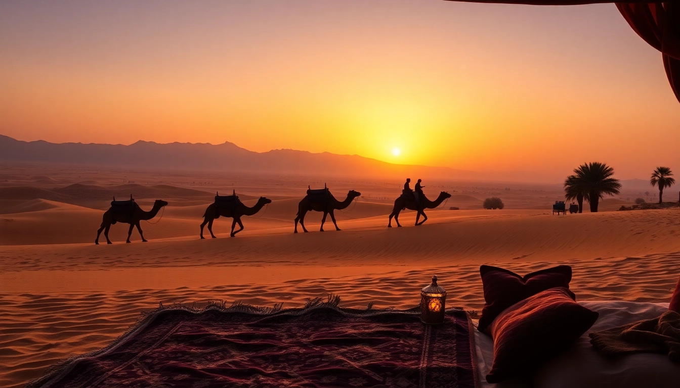 Agafay Desert camel ride at sunset with serene landscapes and Berber tent