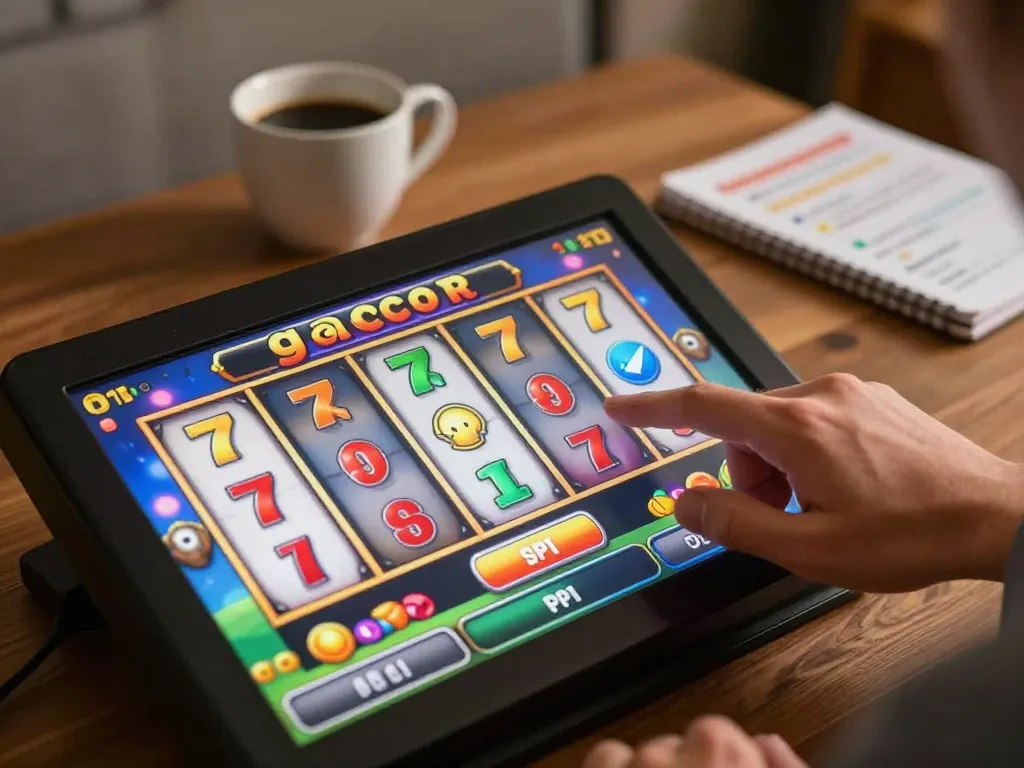 Engaging scene of online slot777 gacor gameplay on a tablet with vibrant reels spinning.