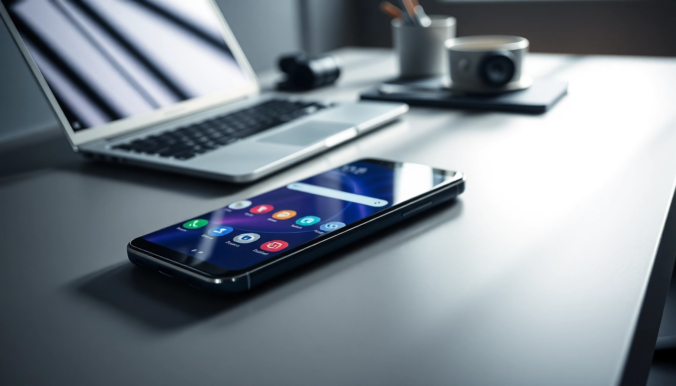 The Samsung Galaxy S8 showcased in a modern workspace, highlighting its vibrant display and innovative design.