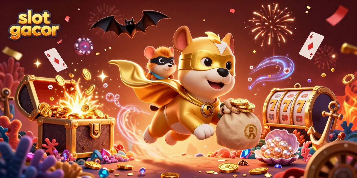 Experience the excitement of slot gacor with a superhero dog and playful hamster amidst a vibrant casino scene.