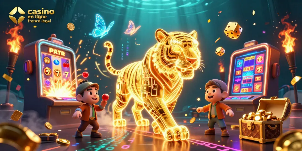 Plongez dans l'univers des jeux de hasard avec le casino en ligne légal en France, où un tigre lumineux accompagne des machines à sous.