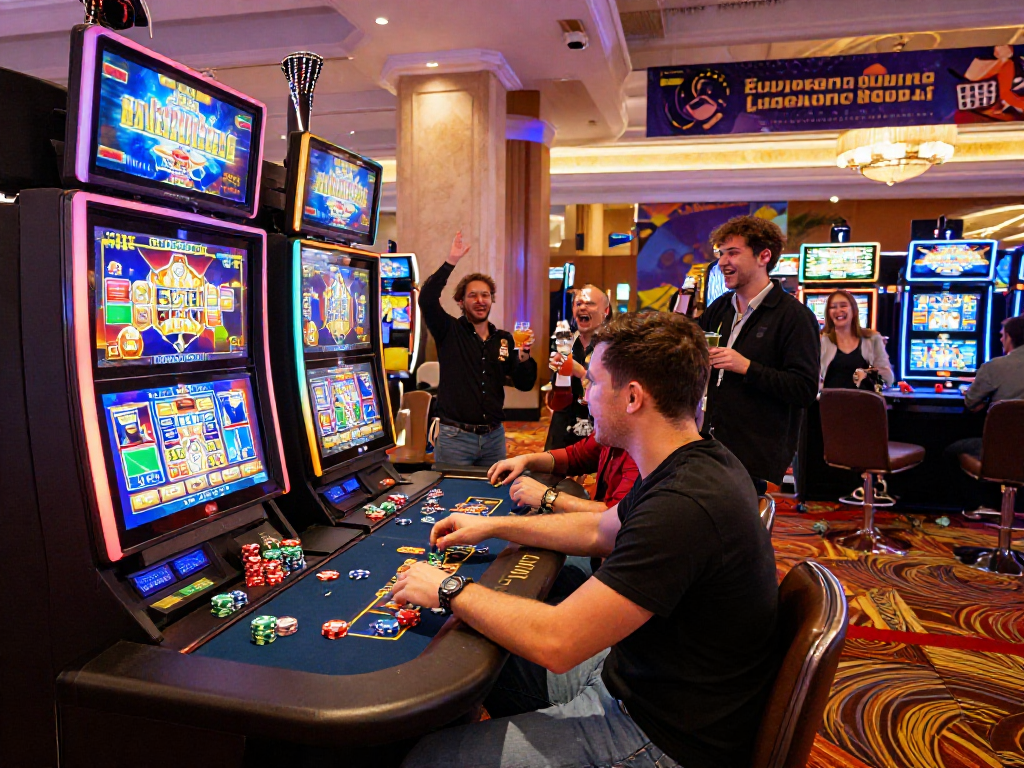 Exciting gaming atmosphere at new european online casinos featuring a player enjoying vibrant slot machines and table games.