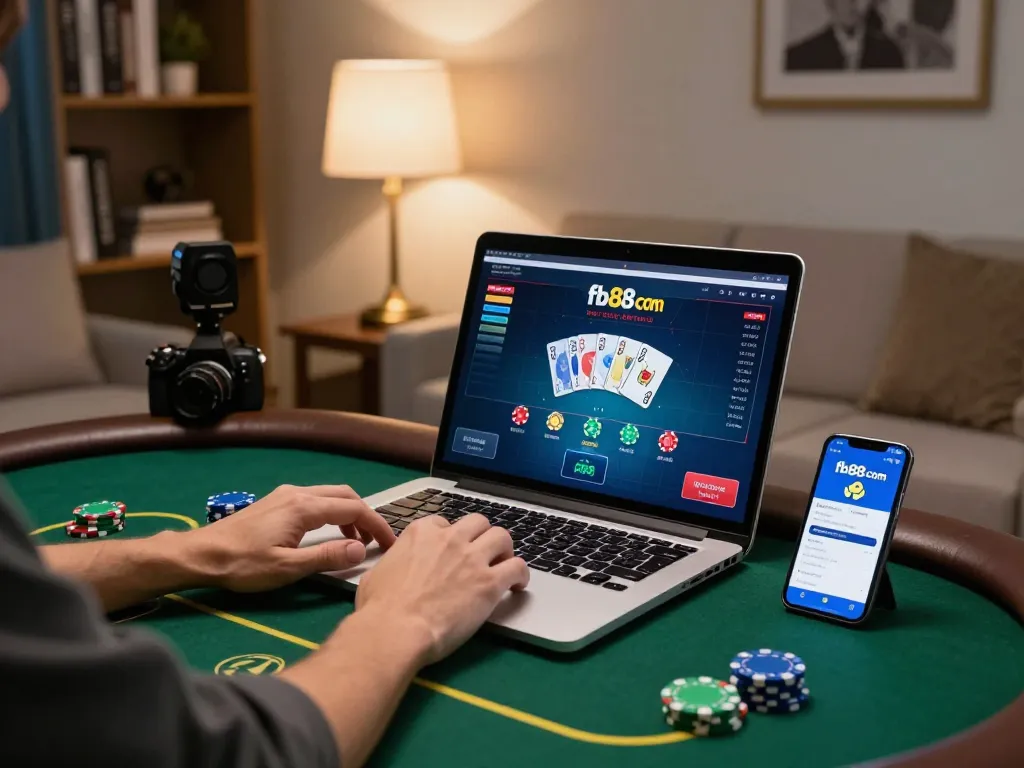 Engaging in an online poker match on fb88 com at a stylish home gaming setup.