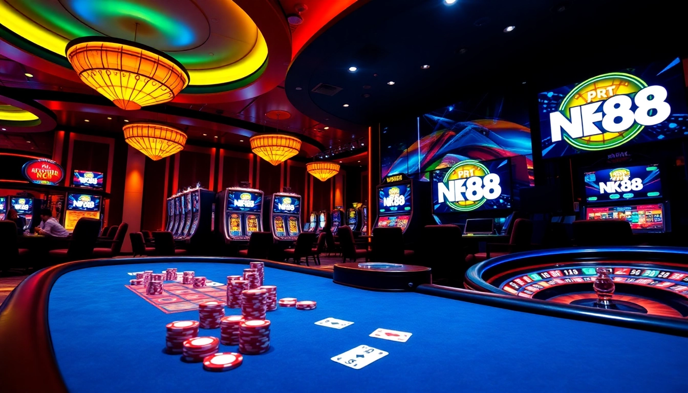 Players engaging with NK88 at a casino table, surrounded by vibrant gaming visuals.