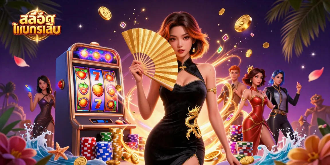 Experience สล็อตทดลองเล่น with stunning visuals, featuring lucky sevens and vibrant fruits in a dynamic casino scene.