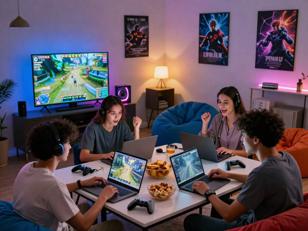 Group of gamers enjoying bonus new member 100 offers in a vibrant living room.