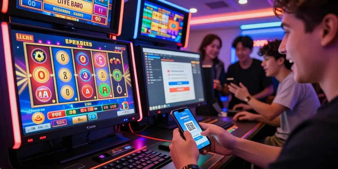 Excited player engaging with slot deposit 5000 online gaming experience at a vibrant desktop setup.